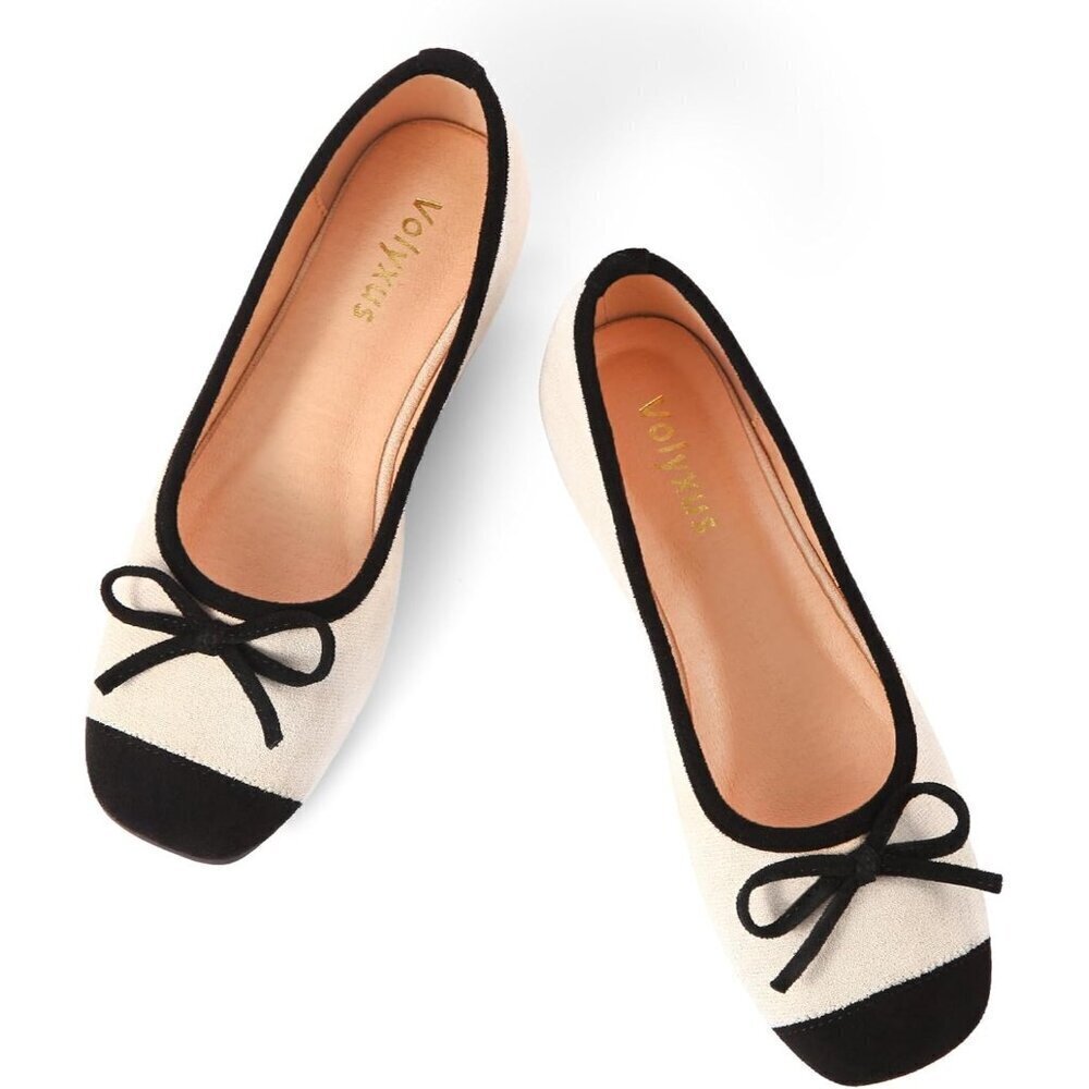 🆕Women Black Ballet Toe Bow Flats Two Tone Slip On Flats Comfort Square Shoes
